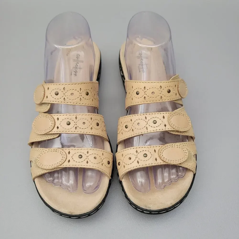 Clarks Collection Womens Leisa Slide Sandals Adjustable Three Strap Beige 8